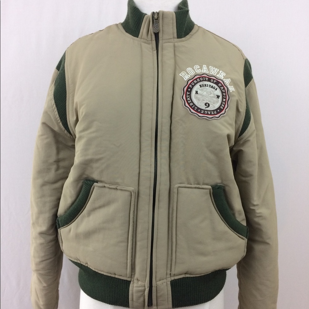 Rocawear womens army green tan Sz L bomber jacket